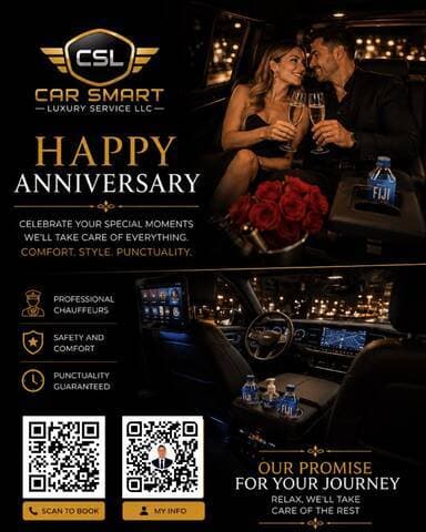 Couple celebrating their anniversary beside a black luxury SUV with a chauffeur